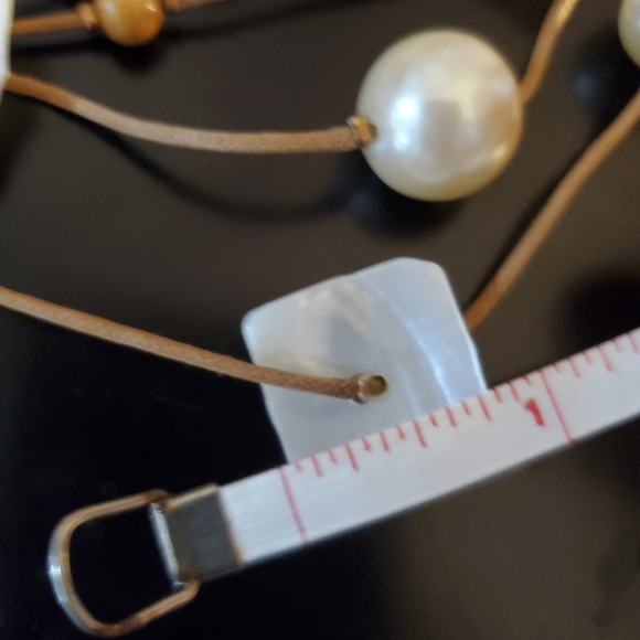 Handmade multi strand choker necklace, pearl & leather, white / cream / gold - Picture 9 of 11